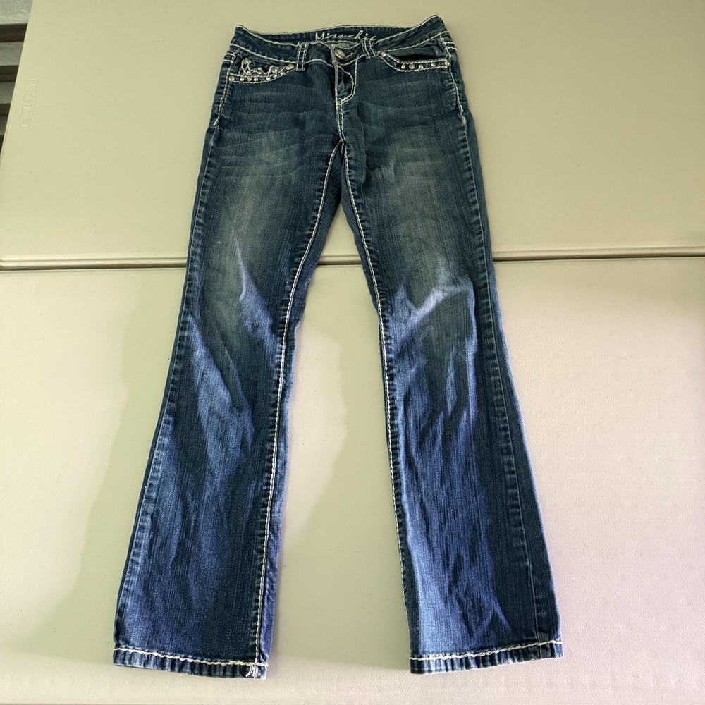 Misschic Jeans Womens 29x31 Wash Flare Rhinestone Stretch Denim‎ Blue Pants